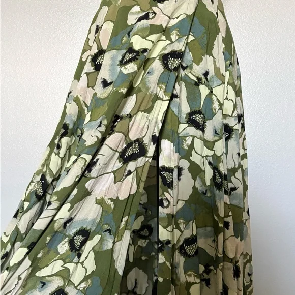 Free People Olive Green Floral A-Line Maxi Skirt with Cream Blooms - Picture 2 of 6